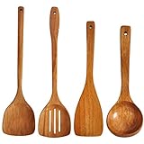 Set di utensili da cucina in legno, con spatola, spatola con fessure, mestolo, con manico lungo, set realizzato a mano (4 pezzi)