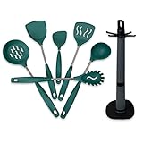 Set di 6 cucchiai da cucina in nylon, utensili da cucina, set di utensili da cucina, con supporto girevole e innovativo manico pesato, nero e verde pavone